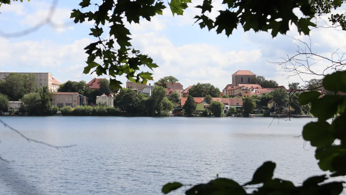 Bild vom Uferwanderweg Jenseits des Sees in Strausberg auf die Altstadt: Auf lange Sicht soll der Weg auch dort komplett am Wasser entlang führen.