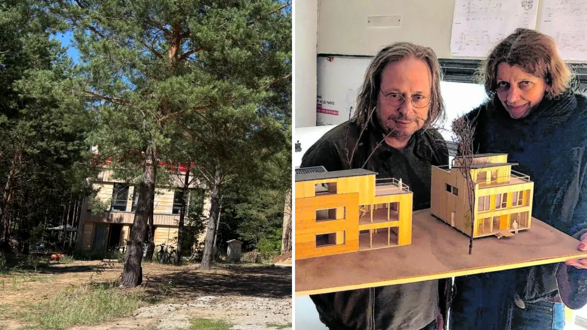 Im Mai 2024 stellten Matthias Merkle und Antje Borchardt (rechtes Bild) ihre Pläne zum ressourcenschonenden Bauen vor. Die ersten Holzhäuser, wie das links, sind bereits entstanden.