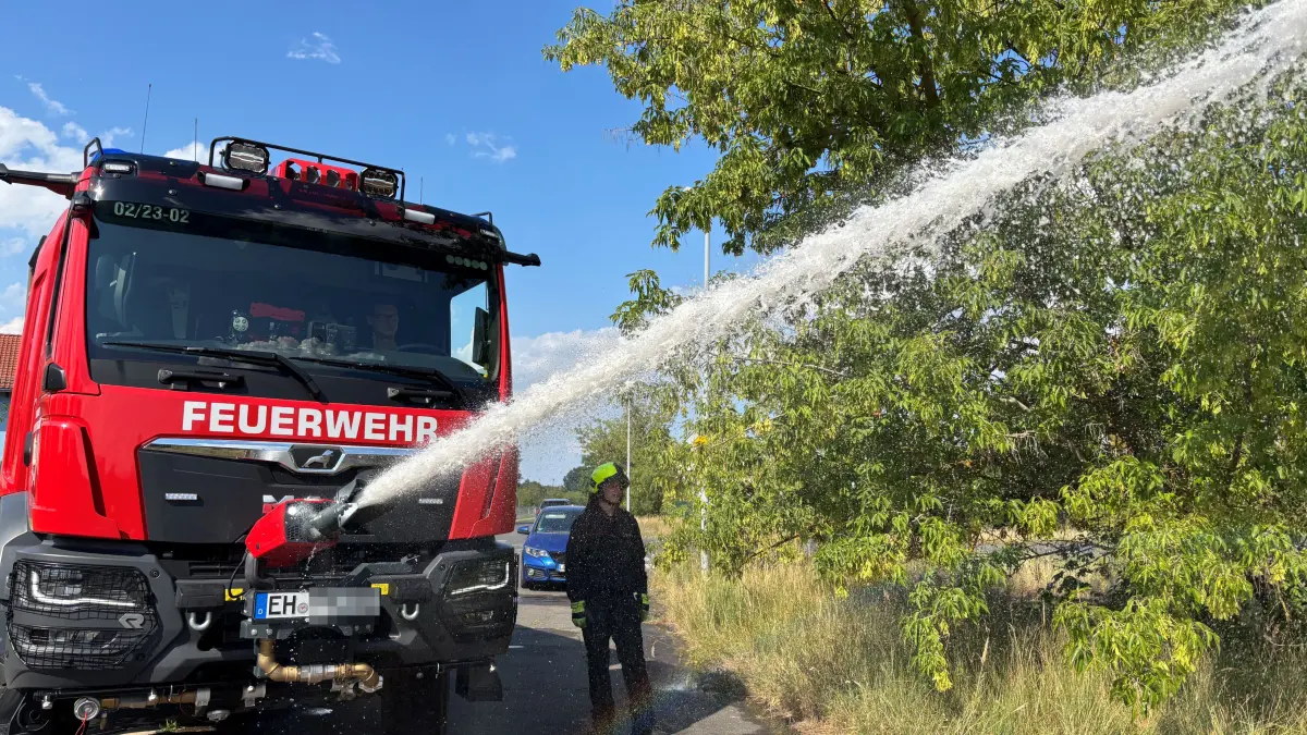Feuerwehreinsatz an der Fährstraße in Eisenhüttenstadt: Etwa 200 bis 300 Quadratmeter Wiese und Sträucher haben gebrannt, mit dem neuesten TLF wird nachgelöscht