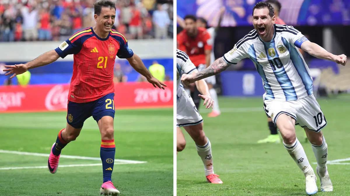 COMBO-FBL-WC-2026-MATCH104-ESP-ARG-FINAL: (COMBO) This combination of file photos created on July 16, 2026, shows Spain's forward #21 Mikel Oyarzabal in Inglewood on July 2, 2026 (L); and Spain's forward #21 Mikel Oyarzabal in Inglewood on July 2, 2026. Spain and Argentina will meet in the 2026 World Cup football tournament final match at the New York/New Jersey Stadium in East Rutherford on July 19, 2026. (Photo by Frederic J. BROWN and Thomas COEX / AFP)
