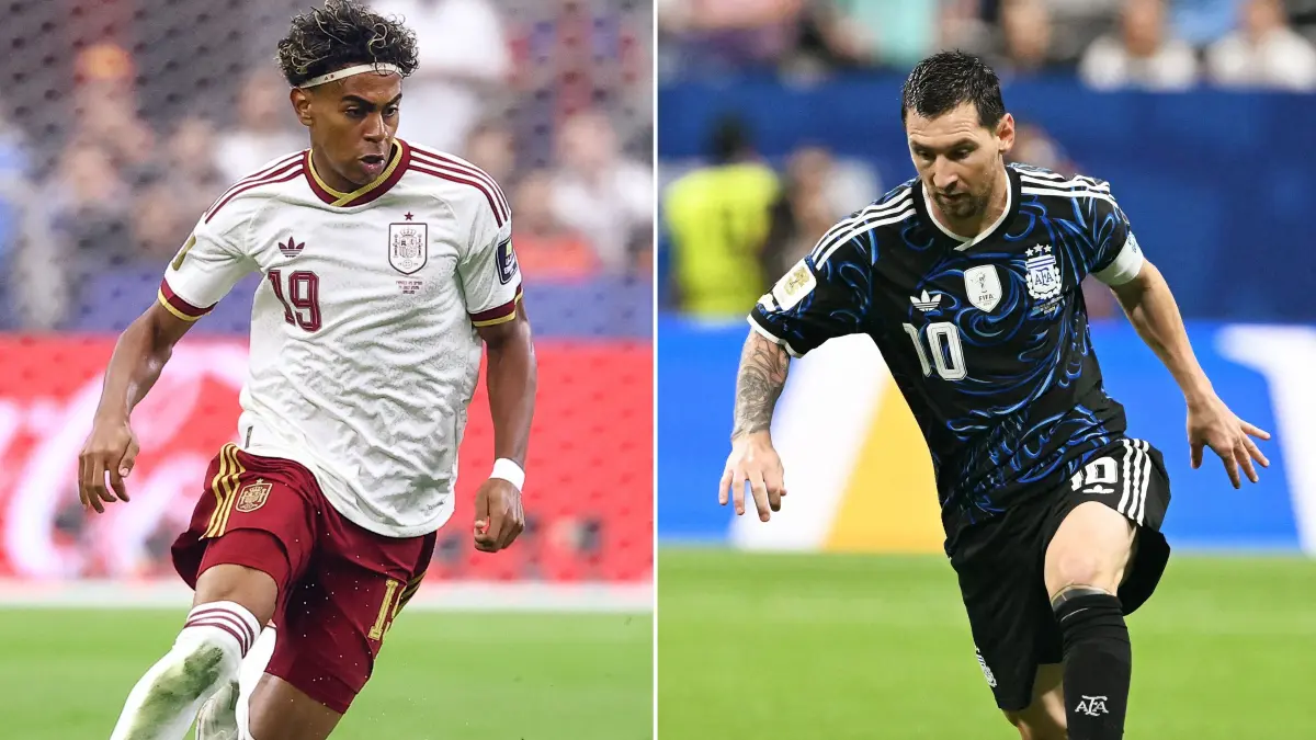 COMBO-FBL-WC-2026-MATCH104-ESP-ARG-FINAL: (COMBO) This combination of file photos created on July 18, 2026, shows Spain's forward #19 Lamine Yamal at the Dallas Stadium in Arlington on July 14, 2026 (L); and Argentina's forward #10 Lionel Messi in Atlanta on July 15, 2026. Spain and Argentina will meet in the 2026 World Cup football tournament final match at the New York/New Jersey Stadium in East Rutherford on July 19, 2026. (Photo by Charly TRIBALLEAU and Roberto SCHMIDT / AFP)