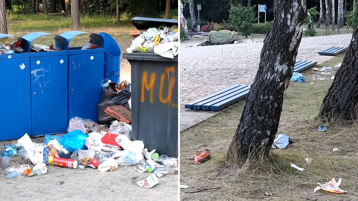Müllrose. Freibad am Ostufer Großer Müllroser See. Am Morgen des 28.06.2026, gegen 7 Uhr, sind der Strand und die Grünflächen an der Promenade vermüllt, die Müllbehälter völlig überfüllt. Leserfoto von MOZ-Leserin Beate Schubert aus Frankfurt (Oder).