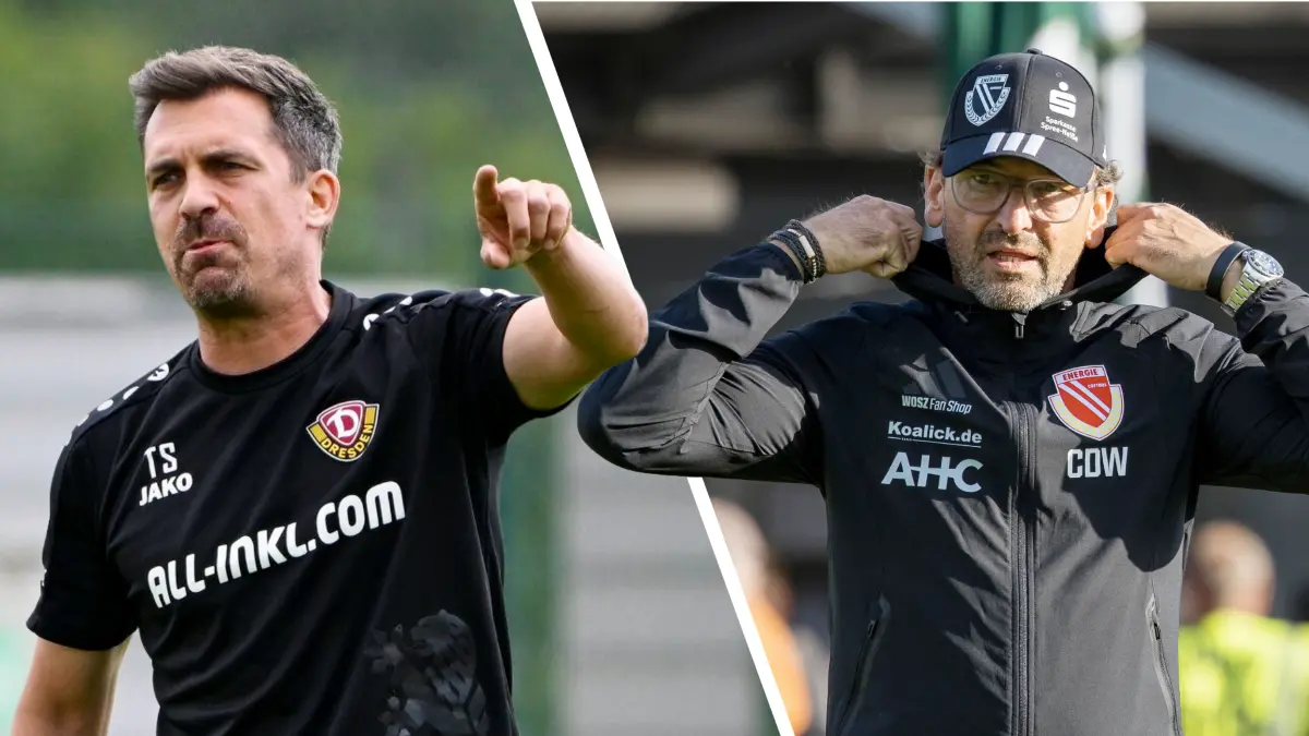 Thomas Stamm (links, Dynamo Dresden) und Claus-Dieter Wollitz (Energie Cottbus)