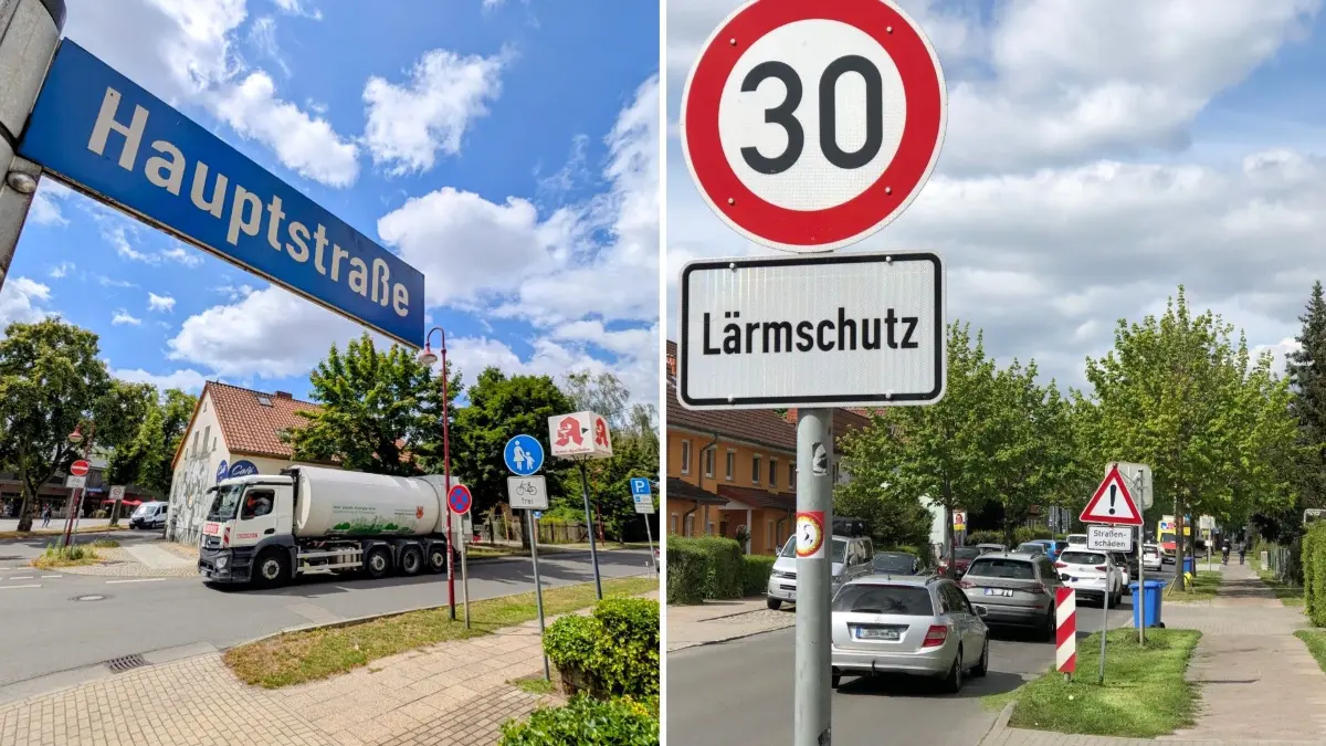 Hauptstraße in Neuenhagen, links: aktuelles Bild ohne Tempo-30-Beschilderung, rechts: Bild von 2024 mit T30-Schild