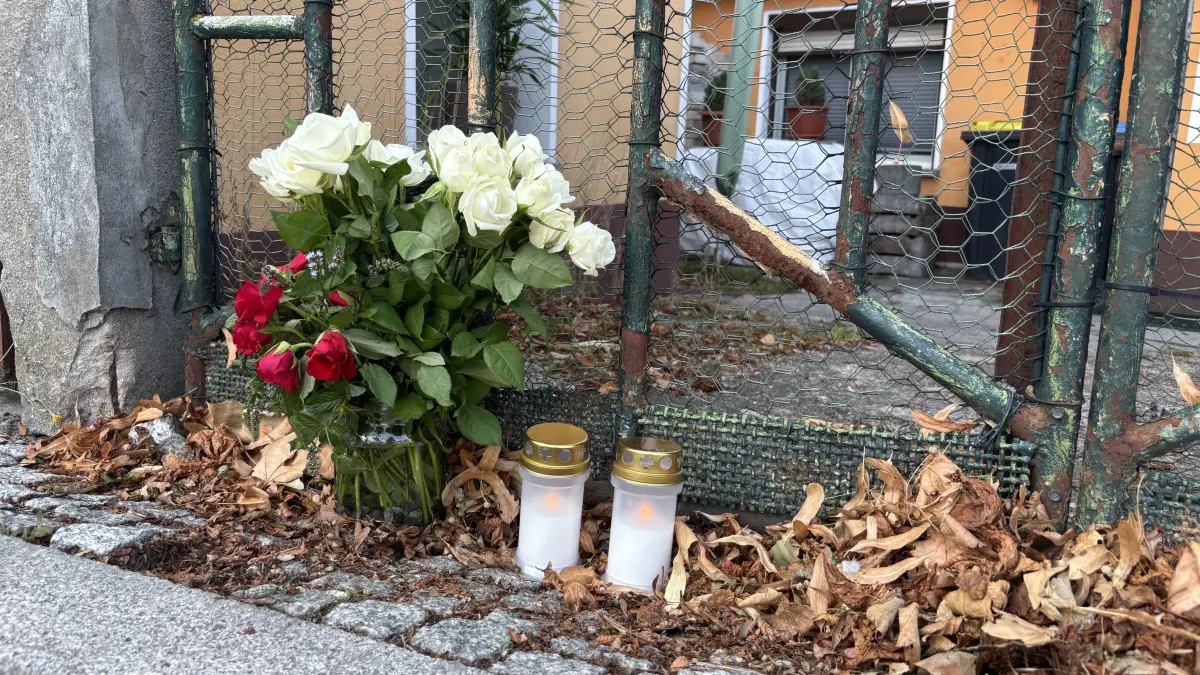 Rosen und Kerzen zum Gedenken an die schlimme Tat in Ortrand. Auf einem Grundstück unweit des Stadtzentrums hat die Polizei zwei Leichen und einen schwer verletzten Mann aufgefunden.