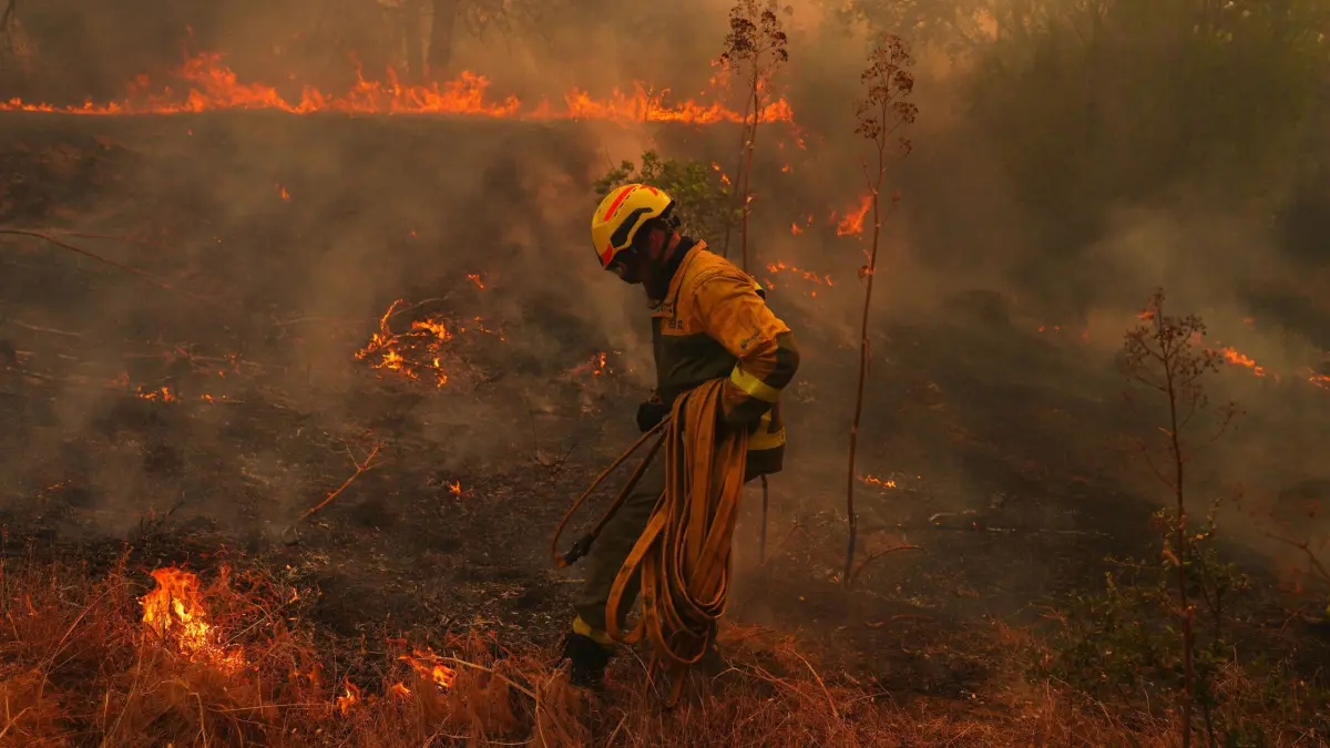 Brände in Spanien: 26.07.2026, Spanien, San Martín de Valdeiglesias: Ein Feuerwehrmann trägt einen Schlauch, während er einen Waldbrand bekämpft. Spanien kämpft gegen zahlreiche Waldbrände. Wegen der schweren Feuer rief die Regierung für die Umgebung der Hauptstadt Madrid sowie für die Region Ávila den Notstand aus. Foto: Manu Fernandez/AP/dpa +++ dpa-Bildfunk +++