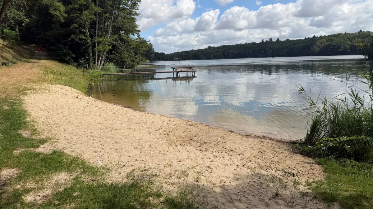 Breiter Strand, Badesteg und eine windgeschützte Lage: Die Badestelle am Schwarzen See in Falkenhagen/Mark eignet sich besonders für Familien mit Kindern. Lediglich die Liegefläche ist aufgrund der Hanglage etwas begrenzt.