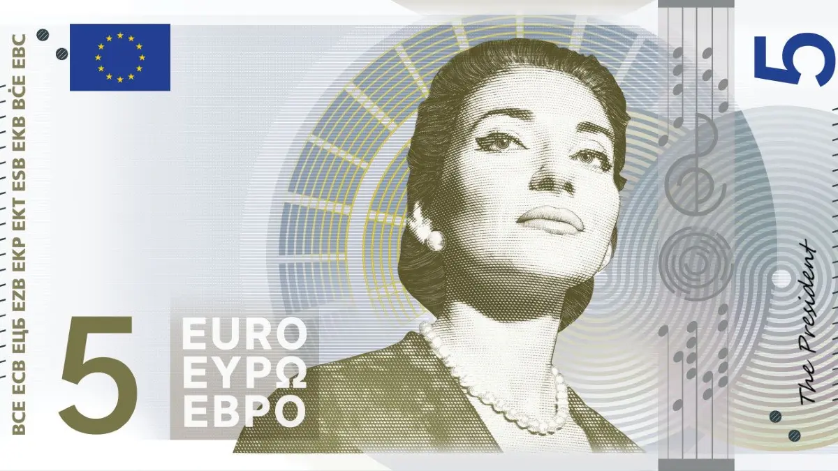 Gestaltungsentwurf, Design E, der griechischen Designerin Myrsini Vardopoulou. Entwurf für die 5-Euro-Note mit Opernsängerin Maria Callas.
