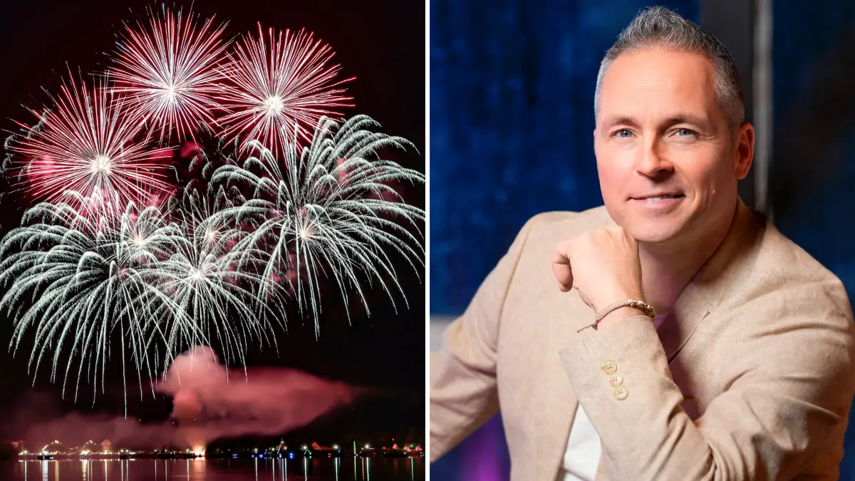 Müllrose. Müllroser Seezauber. Links: Höhenfeuerwerk Feuerwerk überm See am 02.08.2025, Foto: Lutz Boltz. Rechts: Sänger Mitch Keller, Foto von 2025, Foto: Marc Vorwerk (Pressebild)