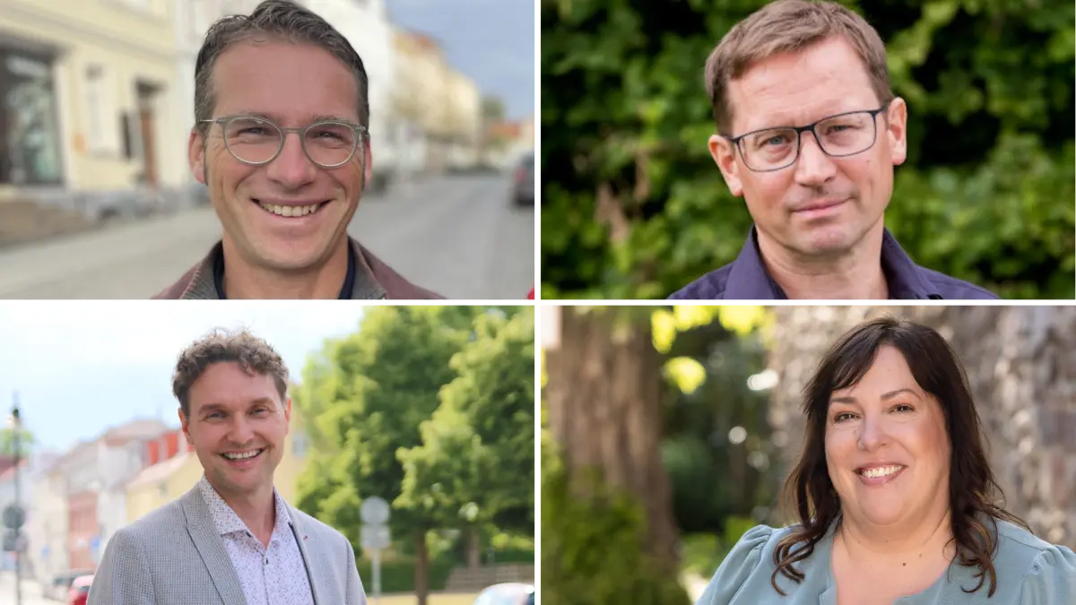 Bewerben sich um das Amt des Bürgermeisters/der Bürgermeisterin in Strausberg nach der Wahlannullierung: Robert Krause, Knut Steinkopf (oben, v. li.), Stephan Blumenthal und Annette Binder.