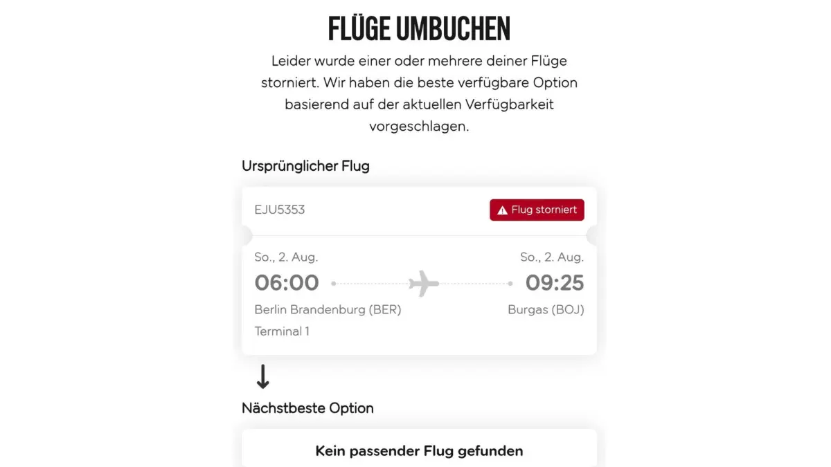 Ein Screenshot der Easyjet-App vom Handy der betroffenen Familie: Kein Ersatzflug in Sicht.