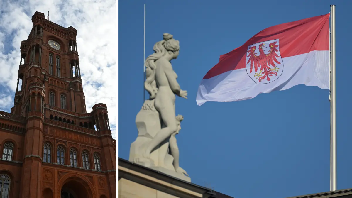 Blick auf das Rote Rathaus in Berlin und den Landtag Brandenburg.