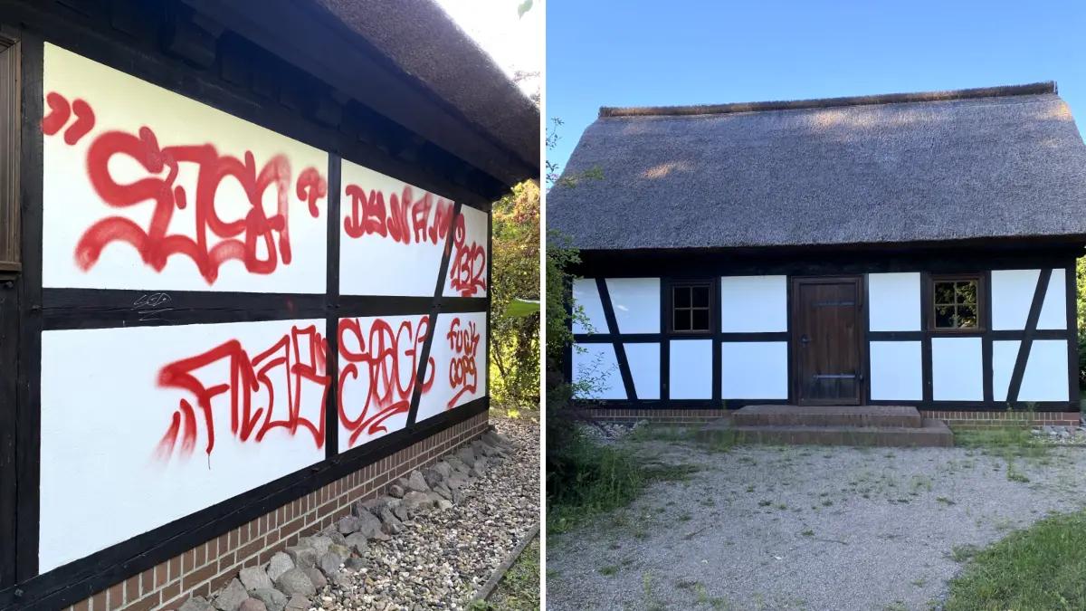 Schernsdorf. Nachbau historisches Jägerhaus aus dem 18. Jahrhundert in der Dorfmitte. Am 30.07.2026 sind auf der Rückseite Schmiereien von Graffiti entdeckt worden. 30.07.2026 Fotos: Michaela Stenzel