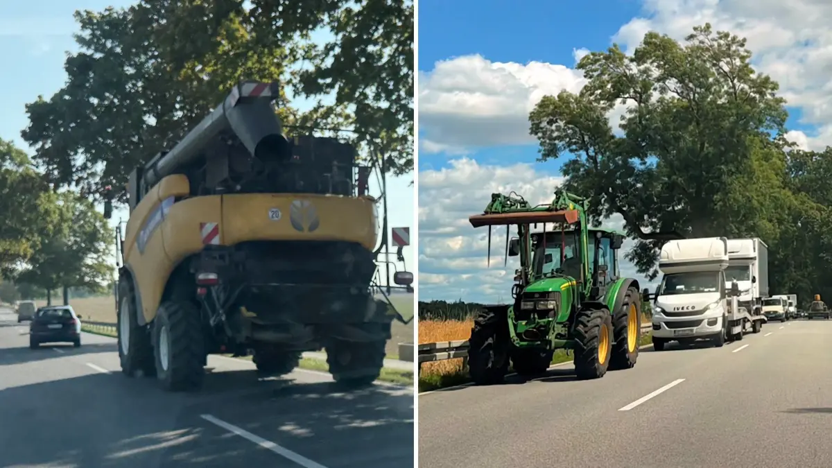 Problematisch: Ein Mähdrescher wird auf der B1 bei Seelow überholt, hinter einem Traktor hat sich schon eine lange Autoschlange gebildete. Erntefahrzeuge im Verkehr könnten es leichter haben - was die Bauern umtreibt.
