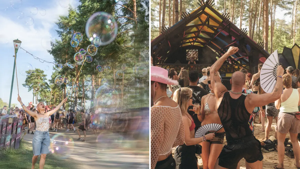 Seifenblasen und Tanzen: In Frankfurt (Oder) geht das Festival "Bucht der Träumer*" zu Ende - hier mit Walking Act und tanzenden Gästen an der Bühne "Porto Loco".