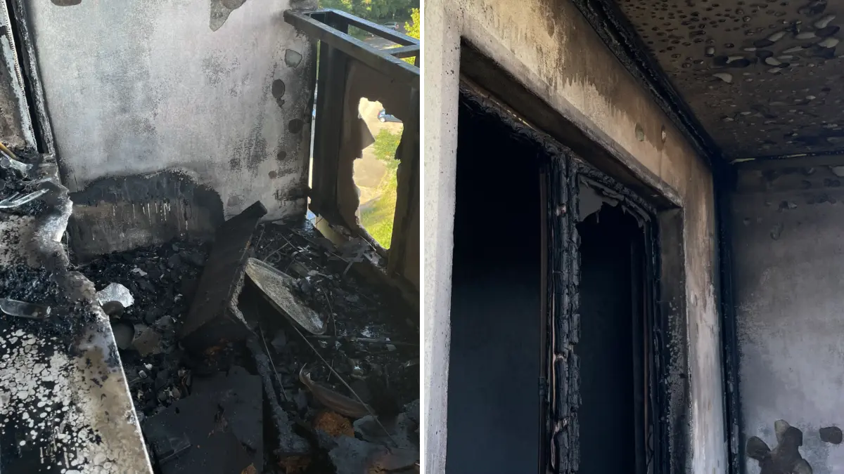 Der Balkon an einem Hochhaus im Aurorahügel in Frankfurt (Oder) zeigt deutliche Brandspuren. Selbst die Fensterrahmen sind verschmort und geschmolzen.