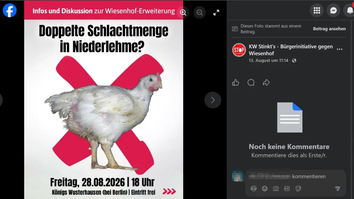 Screenshot des Flyers der Bürgerinitiative "KW stinkt's" von Facebook. Die Einladung in den Rathaussaal hat der Stadt für Kontroversen gesorgt.