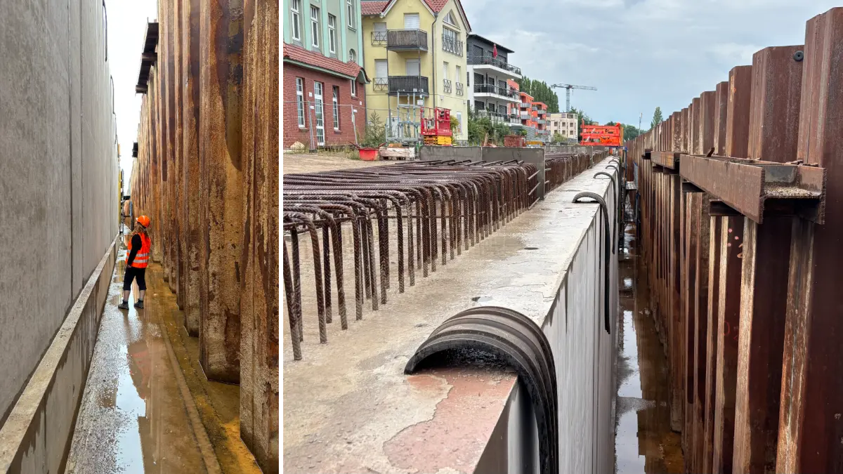 Wie läuft es auf der Oderpromenaden-Baustelle in Frankfurt (Oder)? Ein Vor-Ort-Besuch zeigt: Ein Großteil der sechs Meter hohen Betonteile der Ufermauer steht bereits. Es ist aber auch noch einiges zu tun.