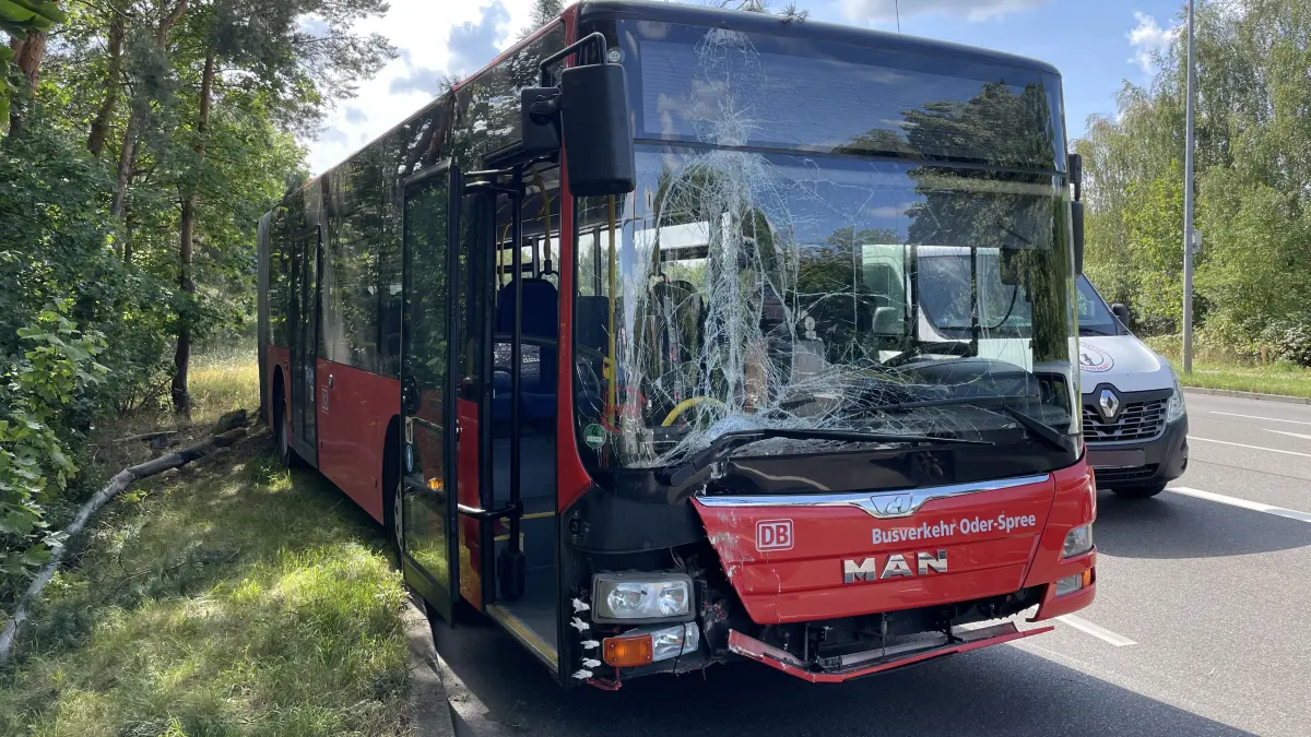 Ein Linienbus verunglückte auf der Müllroser Chaussee von Markendorf kommend in Richtung Frankfurt (Oder). Personen kamen nicht zu Schaden. Was vorgefallen ist.