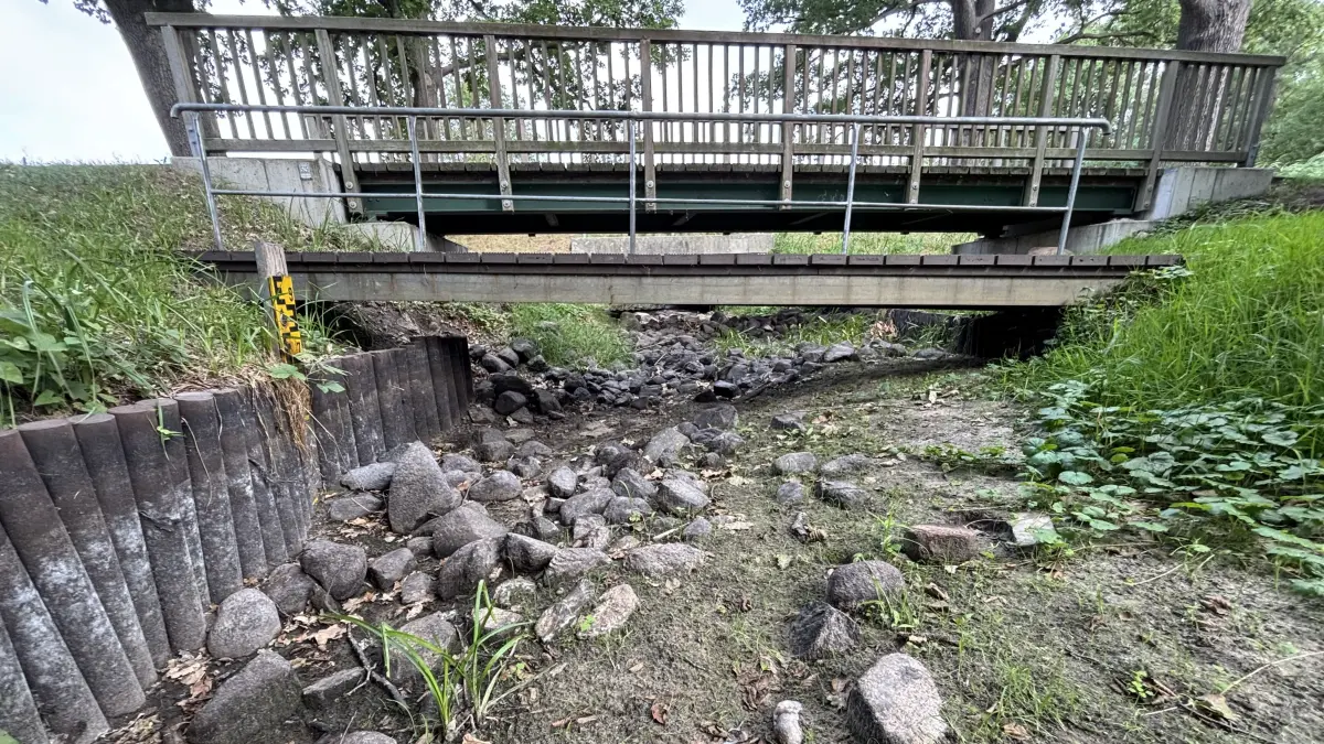 Trotz heftiger Niederschläge in den vergangenen Tagen ist das Oegelner Fließ trocken. Noch schlimmer ist die Situation der Spree bei Leibsch.