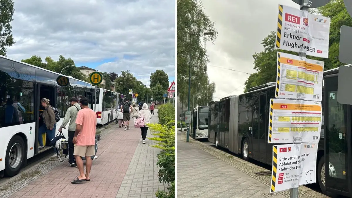 Haltestellen für den RE1-Schienenersatzverkehr in Frankfurt (Oder). Die Wartenden sind Sonne und Regen schutzlos ausgesetzt.