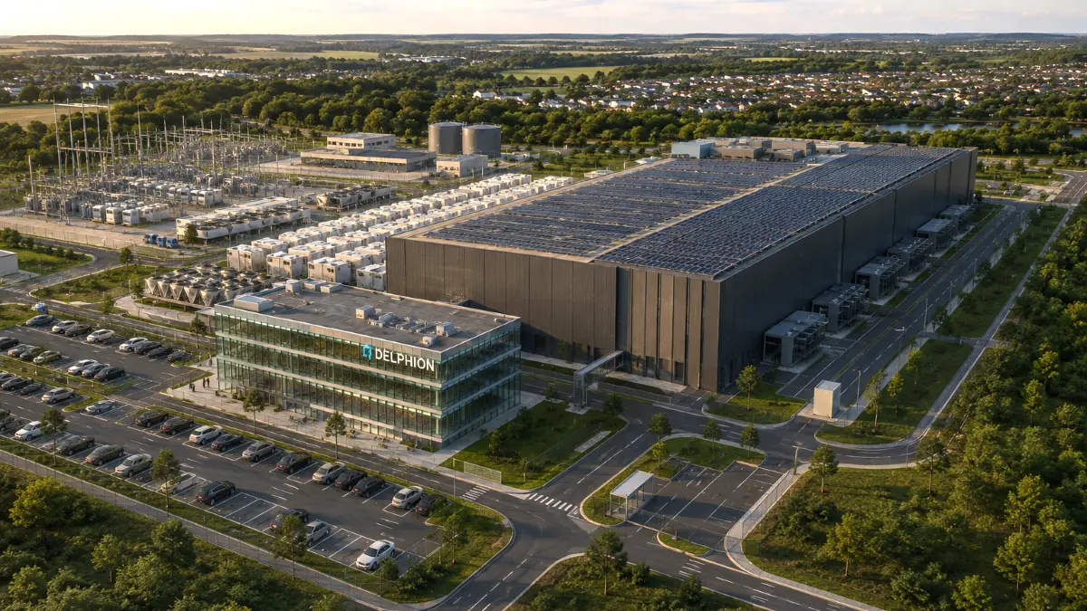 Der geplante Campus aus KI-Rechenzentrum und Campus für Forschung und Wirtschaft aus der Vogelperspektive (Visualisierung)