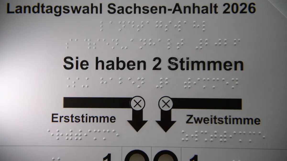 Vorstellung der Wahlschablonen für blinde und sehbehinderte: 26.08.2026, Sachsen-Anhalt, Magdeburg: "Landtagswahl Sachsen-Anhalt 2026" und Sie haben 2 Stimmen" ist auf einer Wahlschablone für blinde und sehbehinderte Menschen zu lesen. Darunter stehen jeweils die Wörter in Brailleschrift. Die Wahlschablone und deren Anwendung waren auf der Pressekonferenz vorgestellt worden. Die Wahl in Sachsen-Anhalt findet am 06. September 2026 statt. Foto: Klaus-Dietmar Gabbert/dpa +++ dpa-Bildfunk +++