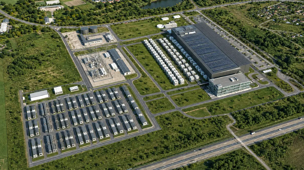 Das geplante KI-Rechenzentrum in der früheren Conergy-Solarfabrik in Frankfurt (Oder) aus der Vogelperspektive.