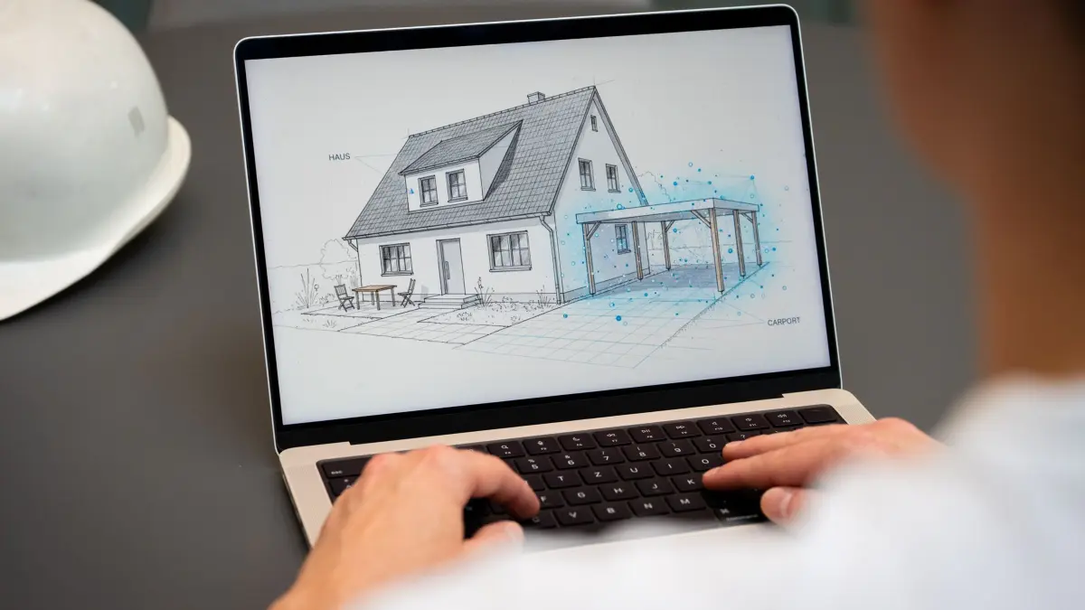 Ein Mann nutzt KI am Laptop für den Hausbau: ILLUSTRATION - Würde eine Garage neben dem Haus besser aussehen als ein Carport? Mit Hilfe von KI kann man sich das schnell einmal angucken - zumindest auf dem Bildschirm. (zu dpa: «Kosten, Gestaltung und Co.: Kann KI beim Hausbau helfen?») Foto: Nico Tapia/dpa-tmn - Honorarfrei nur für Bezieher des dpa-Themendienstes +++ dpa-Themendienst +++
