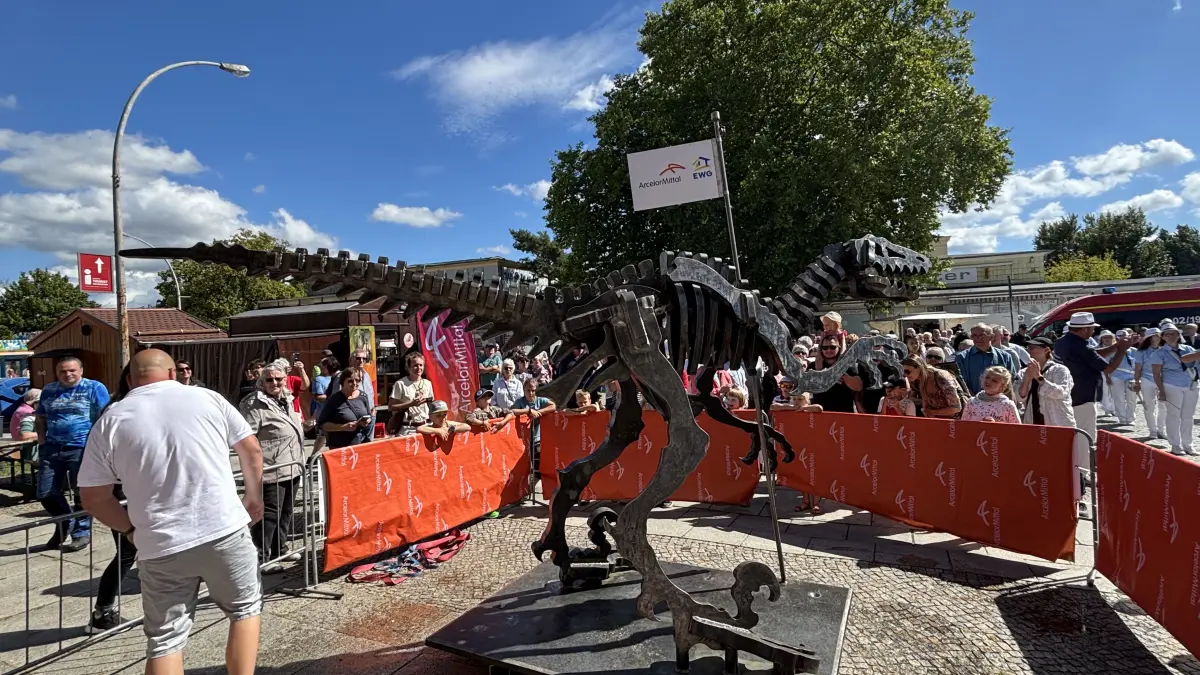 Ein Stahl-Dino wurde vor der Stahl-Hütte in der Lindenallee enthüllt. Es ist ein gemeinsames Projekt der Eisenhüttenstädter Wohnungsbaugenossenschaft (EWG) und ArcelorMittal Eisenhüttenstadt.