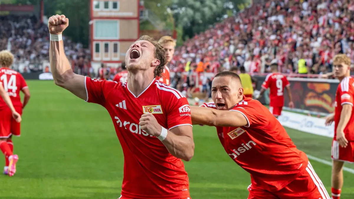 1.BL 1. FC Union - Eintracht Frankfurt 2026/27: Fußball, Herren, Saison 2026/2027, 1. Bundesliga (1. Spieltag), 1. FC Union Berlin - Eintracht Frankfurt (3:3), v. l. Tim Skarke (1. FC Union Berlin), Marin Ljubicic (1. FC Union Berlin), Jubel nach Tor zum 3:3, 29.08.2026, Foto: Matthias Koch3