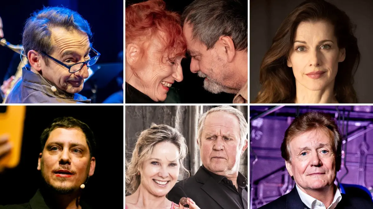 Auch in der Spielzeit 2026/2027 werden im Kleist Forum eine Vielzahl bekannter Bühnenkünstler erwartet, darunter Boris Aljinovic (o.l.), Cornelia Heise und Matthias Brenner, Judith Rosmair, David Friedrich (u.l.), Ann-Kathrin Kramer und Harald Krassnitzer sowie Jochen Kowalski.