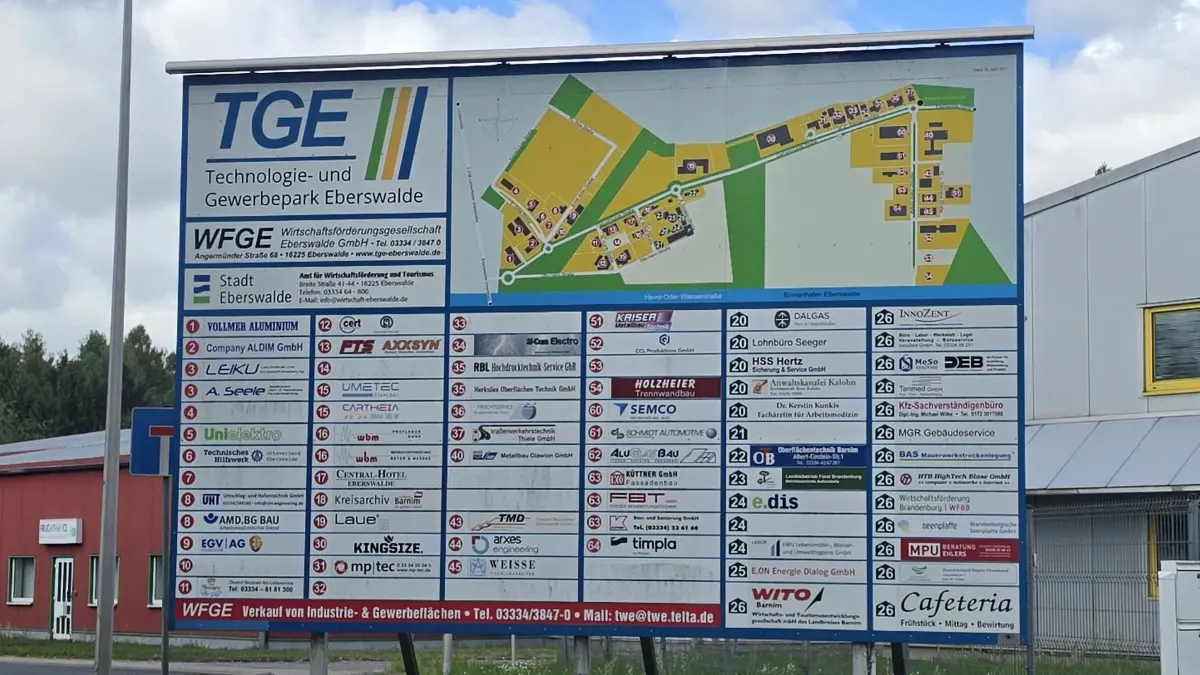 Lageplan mit Firmen im TGE Eberswalde am 6.9.2026. Das Gewerbegebiet ist zu einem großen Teil belegt. Freie Flächen für neue große Ansiedlungen gibt es kaum noch.