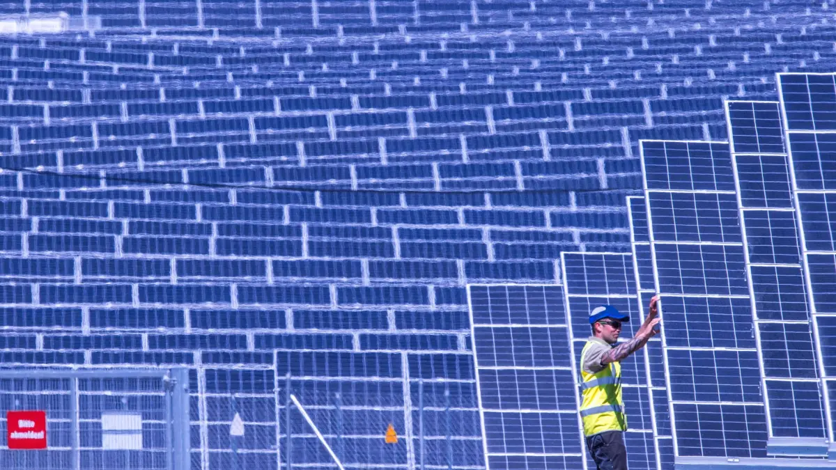 Solarpark-Entwickler Enerparc insolvent: ARCHIV - 31.05.2021, Mecklenburg-Vorpommern, Gaarz: Ein Monteur prüft den Kabelanschluss an einem Solarpanel im Photovoltaik-Park des Unternehmens Enerparc. (zu dpa: «Enerparc insolvent – Betrieb läuft vorerst weiter») Foto: Jens Büttner/dpa-Zentralbild/dpa +++ dpa-Bildfunk +++