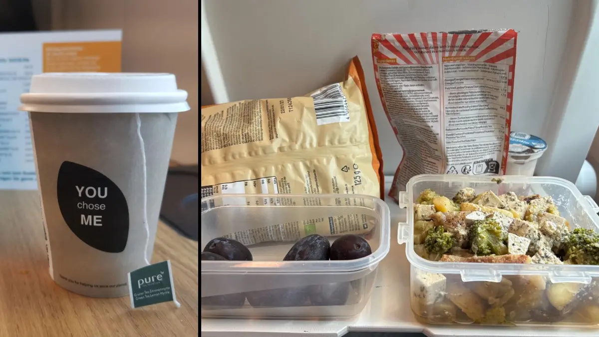 Picknick im RE1 nach Frankfurt (Oder) - die Odeg selbst verkauft teilweise Kaffee, Tee und Snacks im Zug (l.). Aber was ist erlaubt, wenn es darüber hinausgeht? Wenn es krümelt und angenehm riecht?