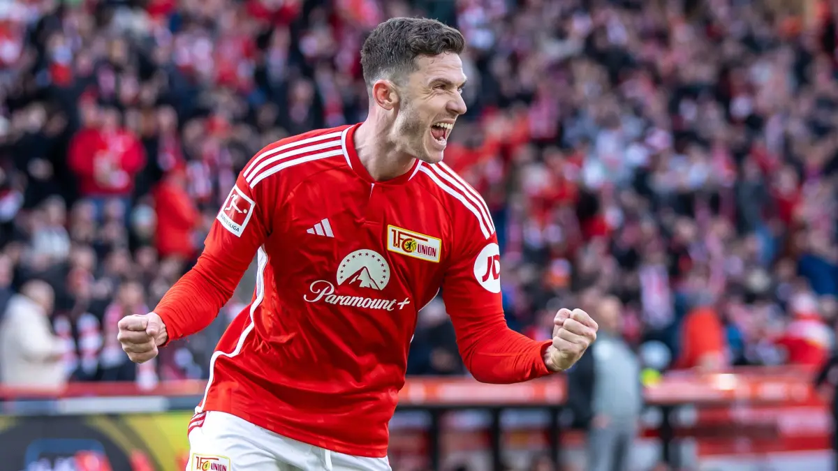 Berlins Robin Gosens jubelt nach seinem Treffer. Am Montag standen medizinische Tests auf dem Programm. (zu dpa: «Union-Coach Svensson zufrieden mit DFB-Pokal-Generalprobe») +++ dpa-Bildfunk +++