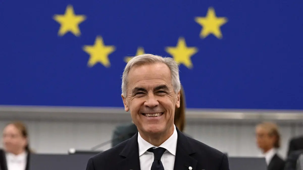FRANCE-EU-PARLIAMENT: Canada’s Prime Minister Mark Carney delivers a speech in the hemicycle at the European Parliament in Strasbourg, eastern France, on September 17, 2026. Canadian Prime Minister Mark Carney on September 17, 2026, rejected threats by US President Donald Trump over Ottawa's push for closer ties with the European Union. (Photo by Jean-Christophe VERHAEGEN / AFP)