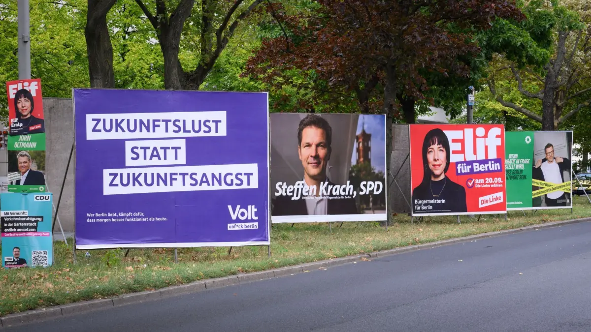 Wahl zum Berliner Abgeordnetenhaus - Plakate: ARCHIV - 09.09.2026, Berlin: Wahlplakate verschiedener Parteien stehen am Tempelhofer Damm. Am 20.09.2026 findet die Wahl zum Berliner Abgeordnetenhaus statt. (zu dpa: «Richtungswahl in Berlin: Übernimmt die Linke das Rathaus?») Foto: Bernd von Jutrczenka/dpa +++ dpa-Bildfunk +++