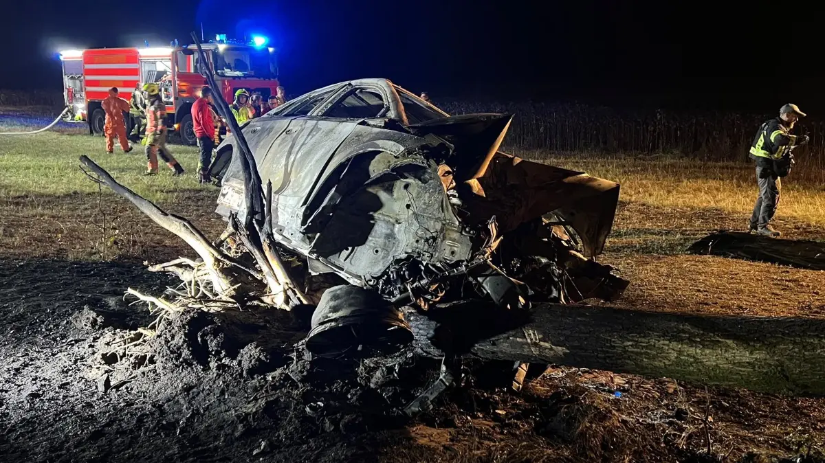 Bei Neuruppin ist ein Elektroauto gegen einen Straßenbaum gefahren und in Flammen aufgegangen. Die beiden Insassen starben im Feuer.