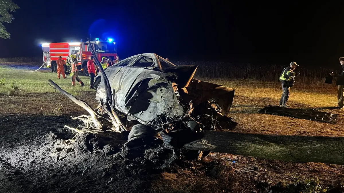 Bei Neuruppin ist ein Elektroauto gegen einen Straßenbaum gefahren und in Flammen aufgegangen. Die beiden Insassen starben im Feuer.