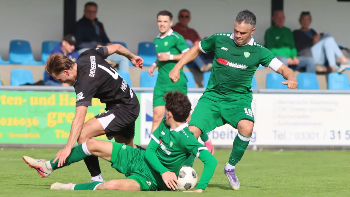 Brandenburgliga, 3. Spieltag, TuS Sachsenhausen gegen Grün-Weiss Ahrensfelde 1:4 (0:2), Tyren Kherraz, Gabriel Telushi und Manuel Schmiedebach (von links)