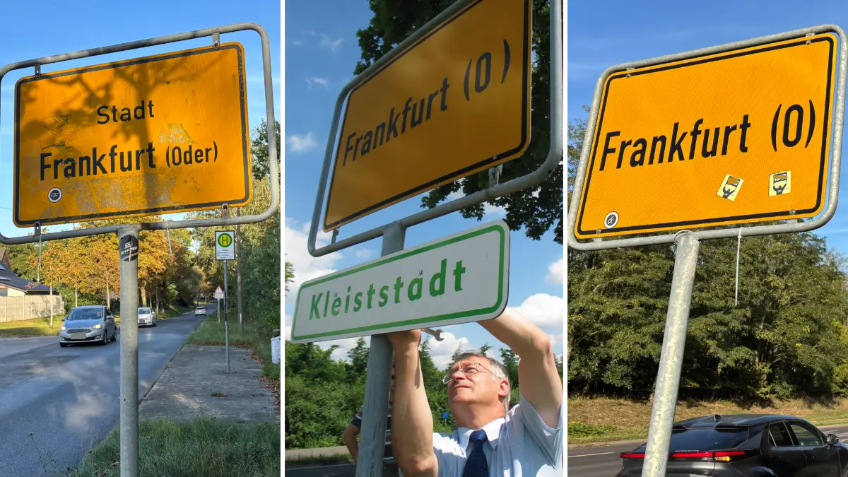 Eine Stadt - viele Namen und viele Schilder. 2007 schraubte OB Martin Patzelt in Frankfurt (Oder) die Zusatzschilder "KIeiststadt" wieder ab (Mitte). Glückt die Zusatzbezeichnung 20 Jahre später?
