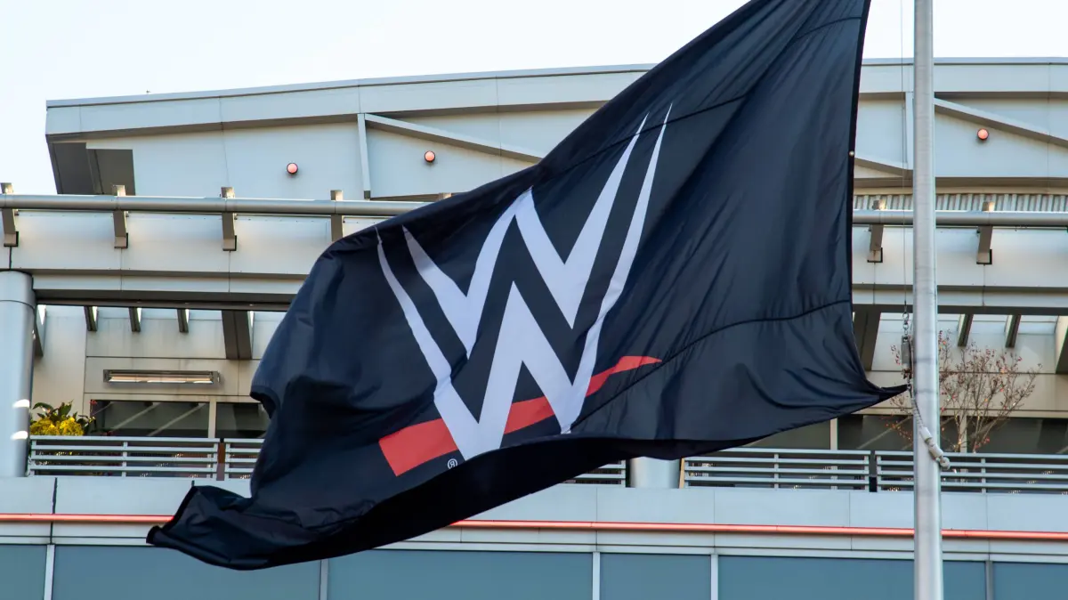 STAMFORD, CT - NOVEMBER 02: A general view of the WWE logo on a flag on November 2, 2025, outside the WWE headquarters in Stamford, CT. The World Wresting Entertainment WWE headquarters moved to this location in 2023 and contains corporate offices and production studios. Photo by Erica Denhoff/Icon Sportswire WRESTLING: NOV 02 World Wrestling Entertainment WWE Headquarters EDITORIAL USE ONLY Icon25110213