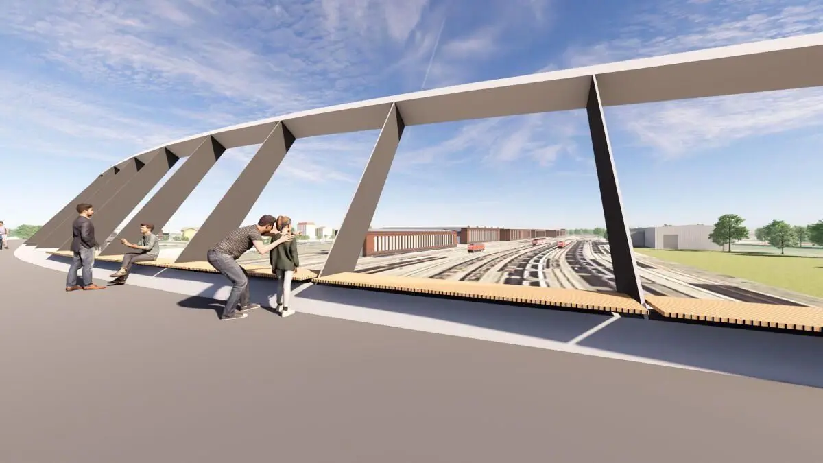 Vision für Eberswalde: Der sogenannte RadBrückenSchlag könnte vom Bahnhof bis etwa zum Fritz-Lesch-Stadion führen und dabei die Gleisanlagen des Schienenfahrzeugwerkes überqueren. Wie das massive Finanzierungsproblem gelöst werden soll.
