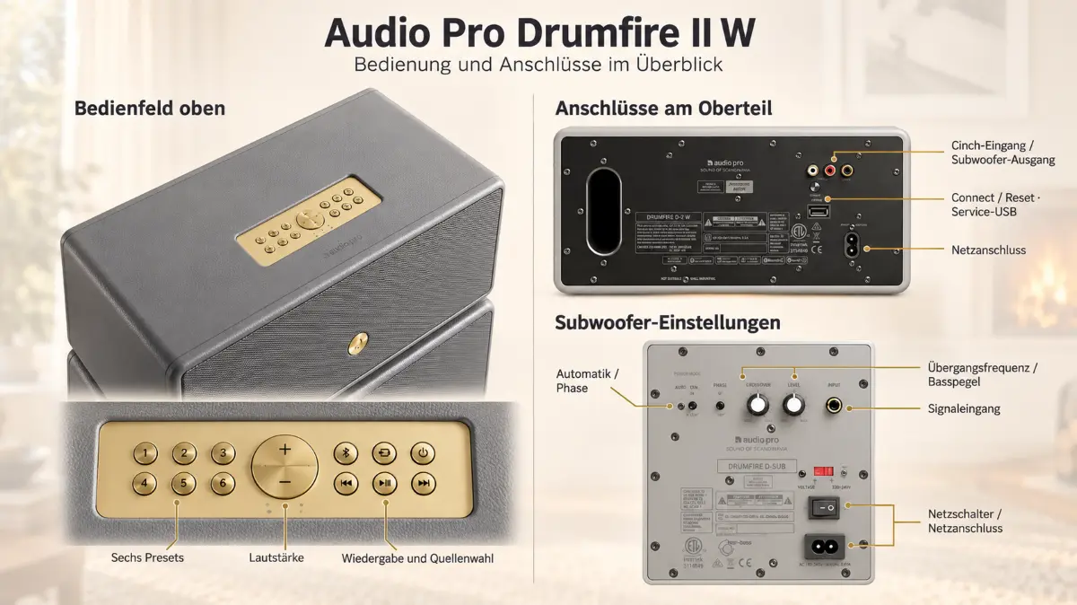 Audio Pro Drumfire II W. Bedienfelder auf der Ober-, Anschlüsse auf der Rückseite.