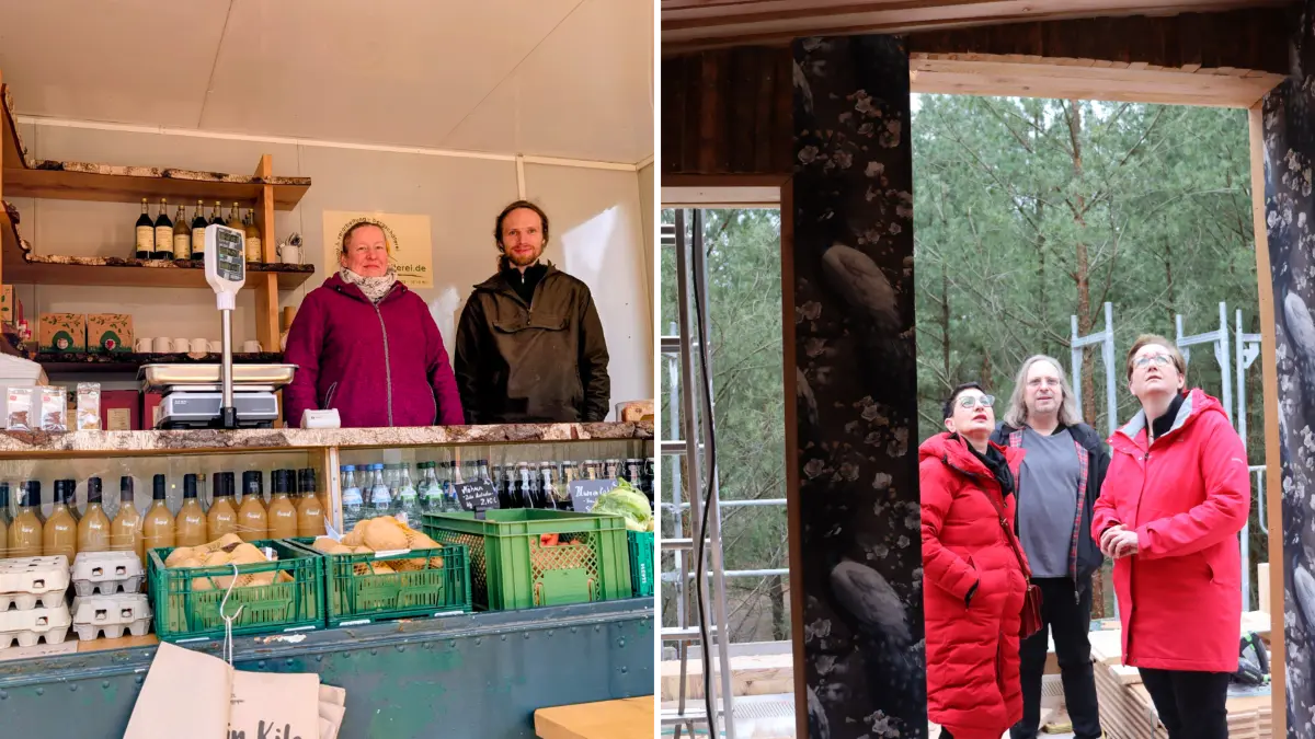 Zwei Projekte in Strausberg, die derzeit nicht weiterlaufen. Auf dem Roten Hof (linkes Bild) ist regelmäßig ein Verkaufswagen und es gibt einen bargeldlosen Hofladen, aber ein Kinderbauernhof konnte noch nicht öffnen. Rechtes Bild: Der Bau von nachhaltigen Holzhäusern auf dem Alten Postgelände ist zum Stillstand gekommen. Hier ein Bild vom Besuch der damaligen Bauministerin 2025. (Archivbilder)
