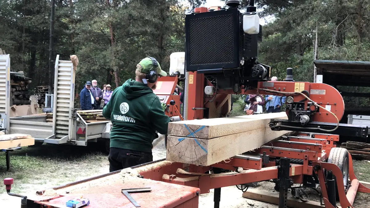 Groß Lindow. 17. Köhlerfest des Kienstubbenvereins am 03.10.2026. Im Bild: Mobiles Sägewerk der Waldform GmbH Ragow-Merz. Foto: Frank Groneberg