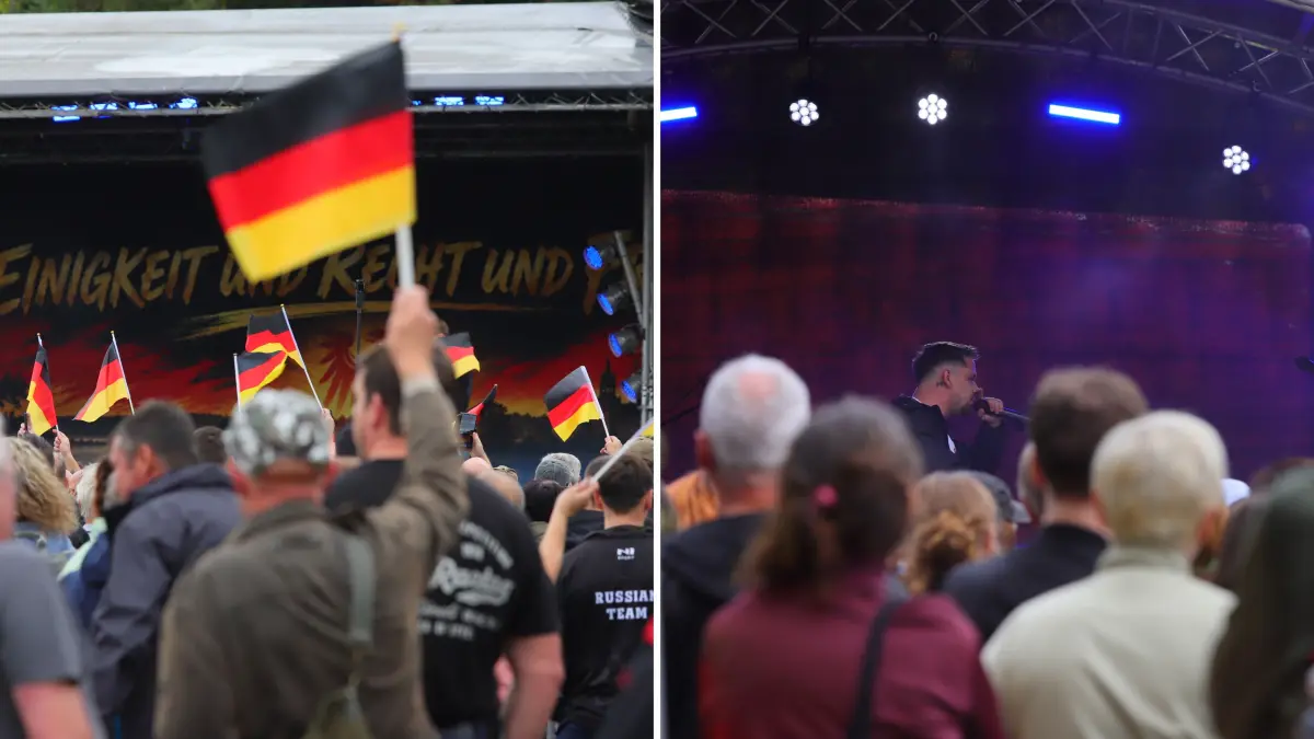 Nationalistische Rockmusik auf der AfD-Veranstaltung in Fürstenwalde, 500 Meter weiter Rap gegen die AfD auf dem Festival für Vielfalt am Dom. Mehrere Hundert Menschen sind an diesem Sonnabend auf der Straße, die Polizei mit einem Großaufgebot im Einsatz.