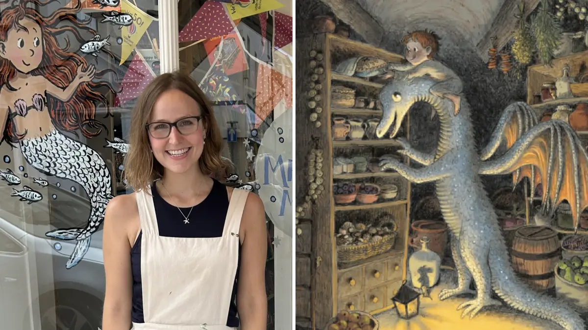 Illustratorin Briony May Smith und eine Seite aus ihrem Buch "Leo und der geheime Drache"