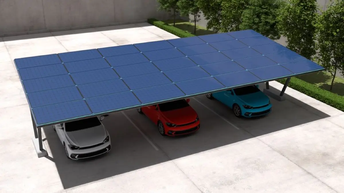 3D-Veranschaulichung eines Solarcarports für drei Fahrzeuge.